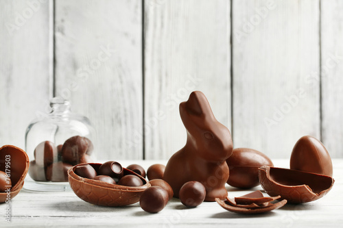 Chocolate Easter Eggs on color wooden background