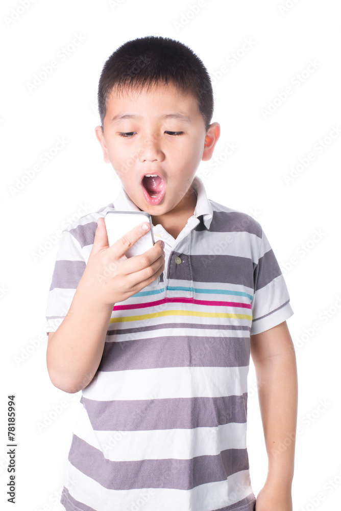 little boy with mobile phone in hand isolated little boy with mobile phone in hand isolated