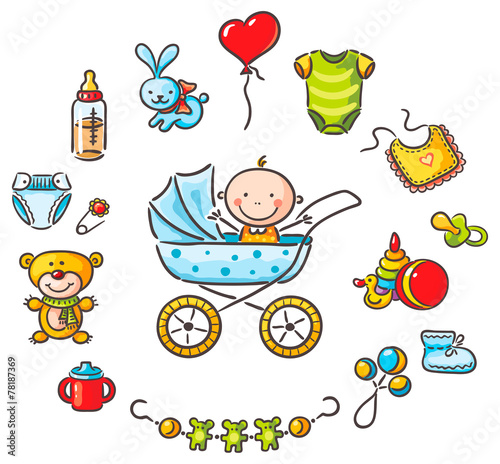 Baby in a baby-carriage with baby things