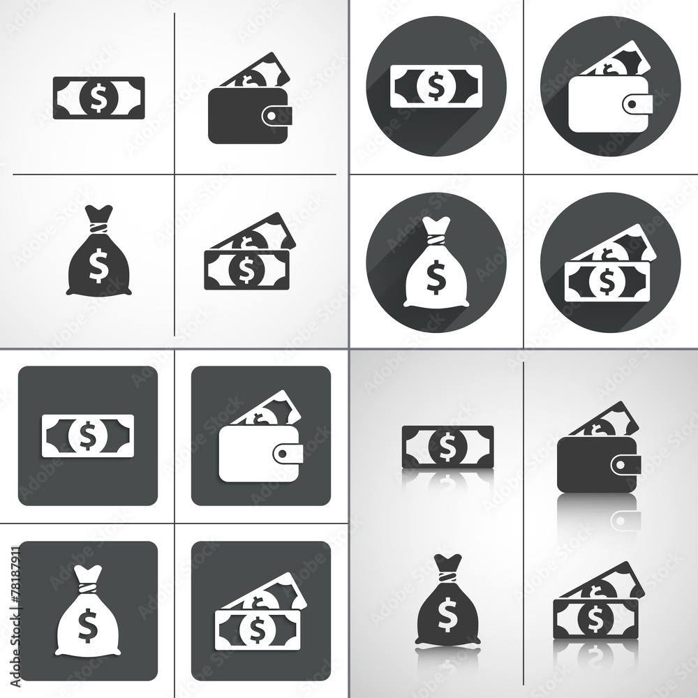 Money set icons: money bag, purse. Set elements for design Money set icons: money bag, purse. Set elements for design