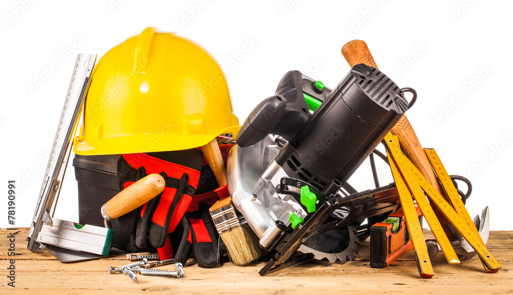 yellow helmet and wood mounting tools yellow helmet and wood mounting tools