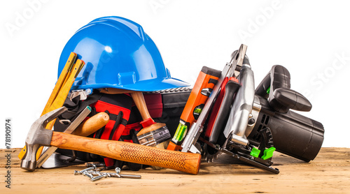 blue helmet and wood mounting tools © mariusz szczygieł