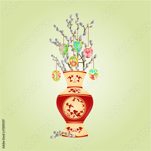 Vase with branch pussy willow and easter eggs vector