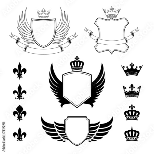 Set of winged shields, crowns and fleur de lis design elements