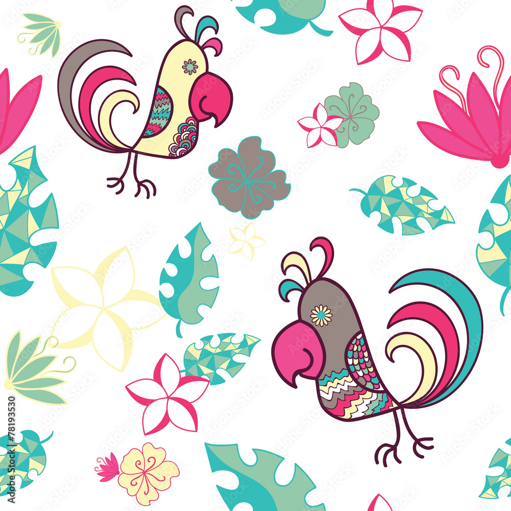 seamless pattern with parrots and tropical plants on a white bac