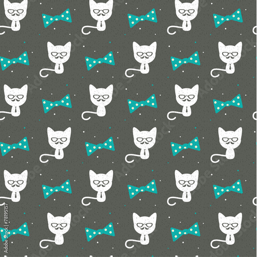 Hipster cat on gray  seamless background.