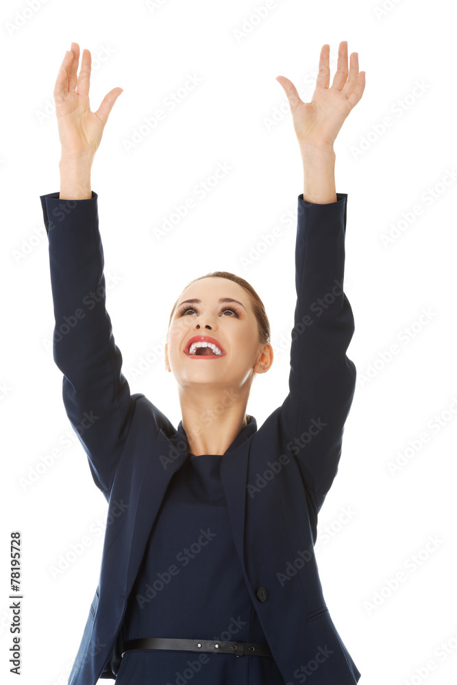 Businesswoman holding hands up Businesswoman holding hands up