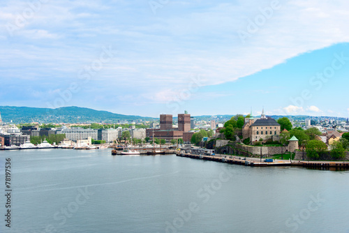 View of Oslo, Norway Radhuset and Akershus castle from the sea