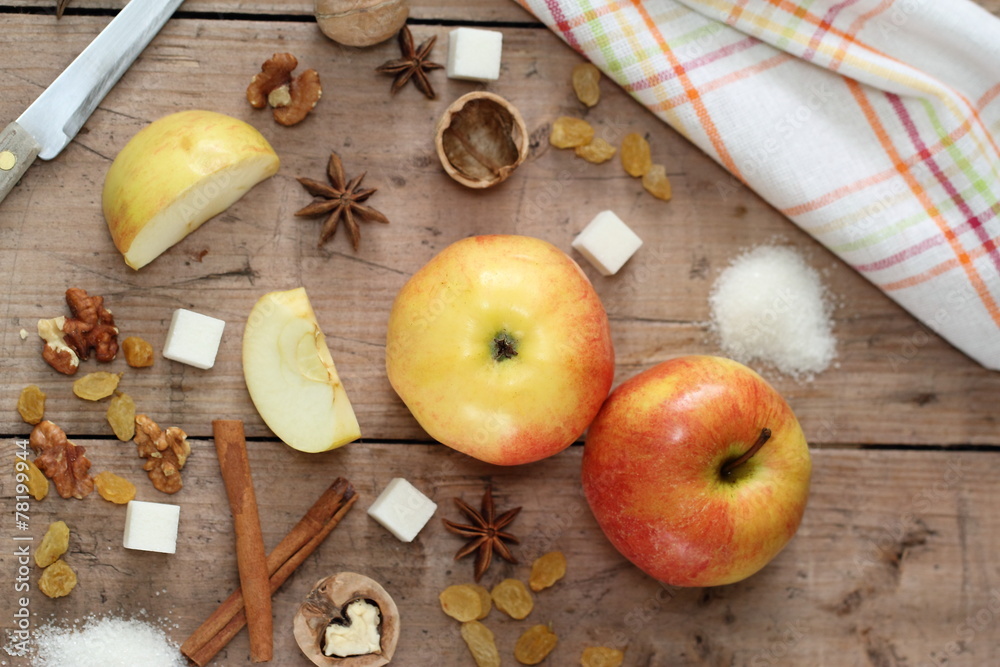 Ingredients for apple pie cooking Ingredients for apple pie cooking