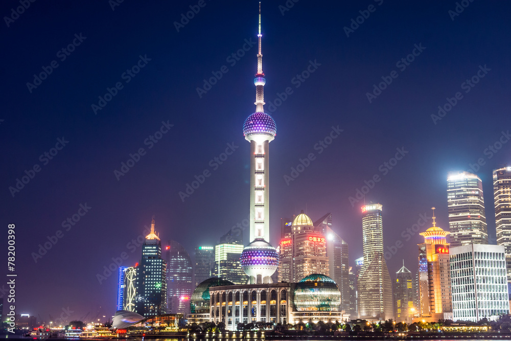 Pudong landmarks at night in Shanghai, China