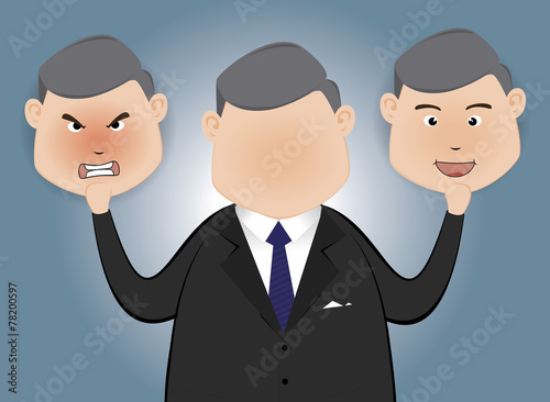 Businessman holding card with a angry face and happy  face