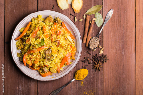 Indian Biryani with chicken and spices photo