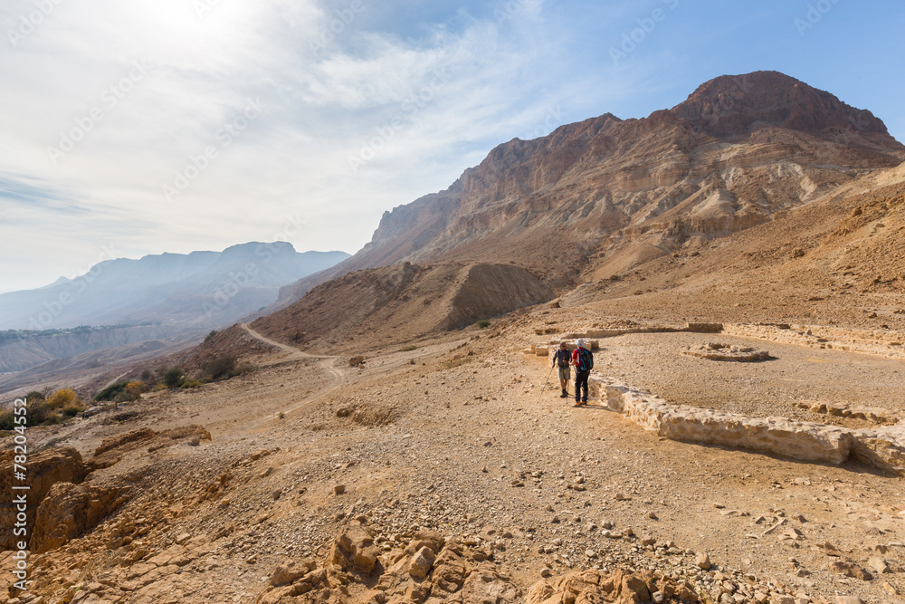 Two men near archaeological site in desert.