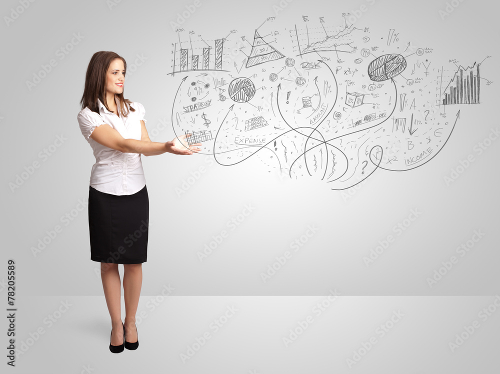 Business girl presenting hand drawn sketch graphs and charts Business girl presenting hand drawn sketch graphs and charts