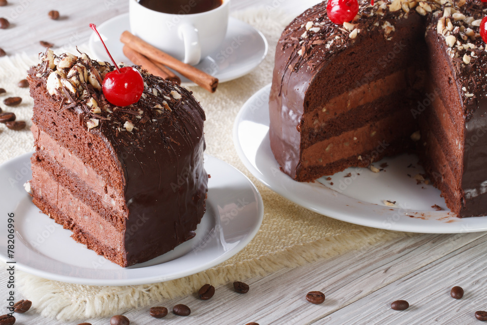 chocolate cake with cherry and a piece. Horizontal chocolate cake with cherry and a piece. Horizontal