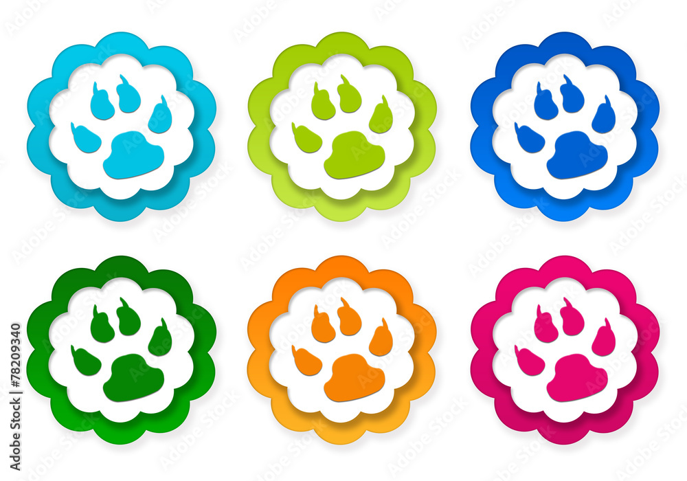 Set of colorful stickers icons with pet footprints symbol Set of colorful stickers icons with pet footprints symbol