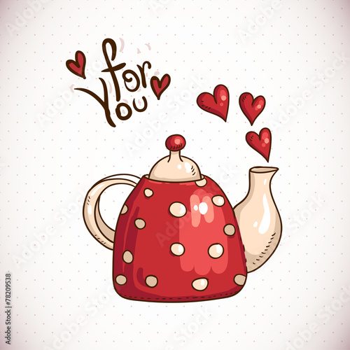 Doodle Greeting Card with red teapot and hearts