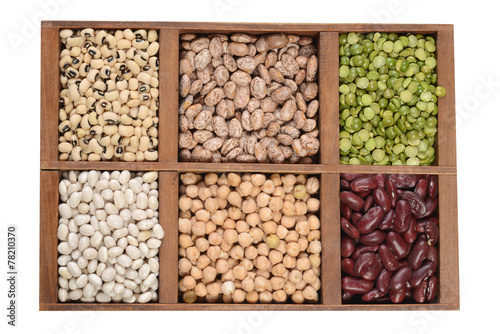 wood box of dried beans and peas