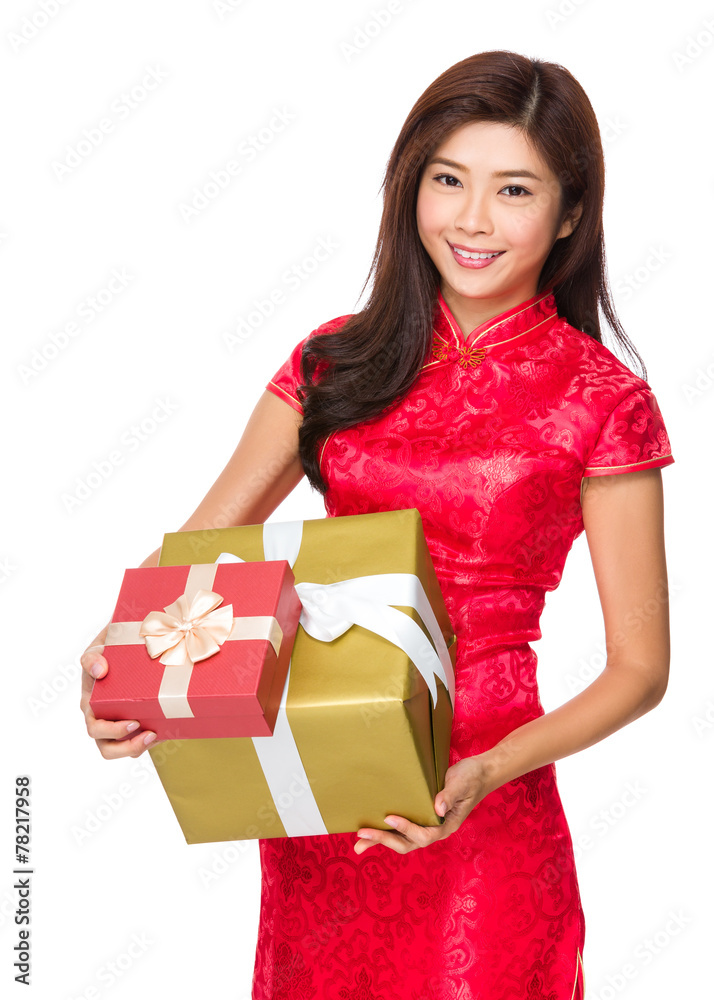 Asian woman with cheongsam and hold big gift box Asian woman with cheongsam and hold big gift box