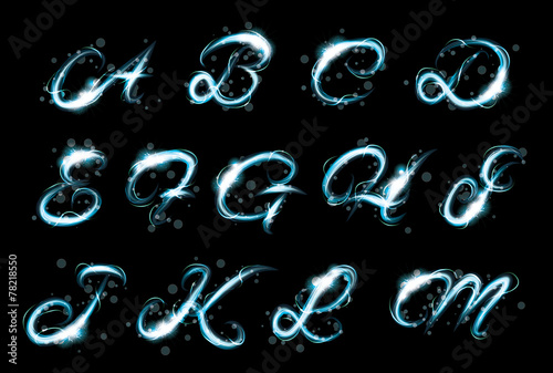 Transparent alphabet Glowing blue light effect glitter text
