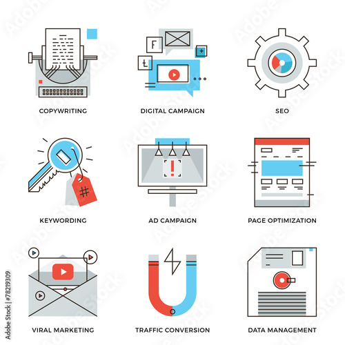 Digital campaign development line icons set