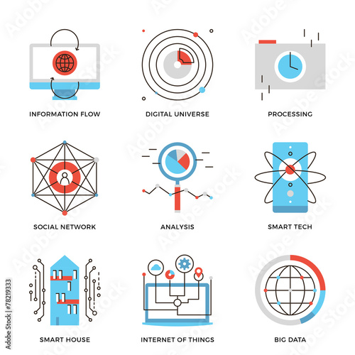 Big data and smart technology line icons set