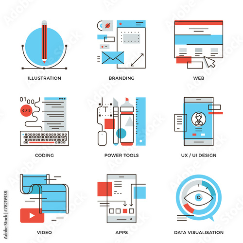 Graphic design and web development line icons set
