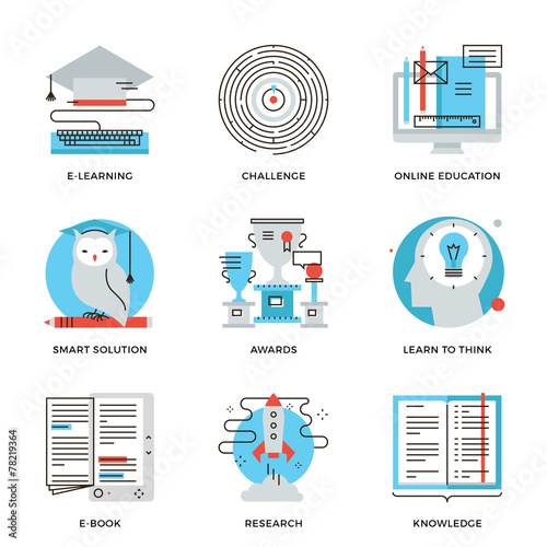 E-learning and find solution line icons set