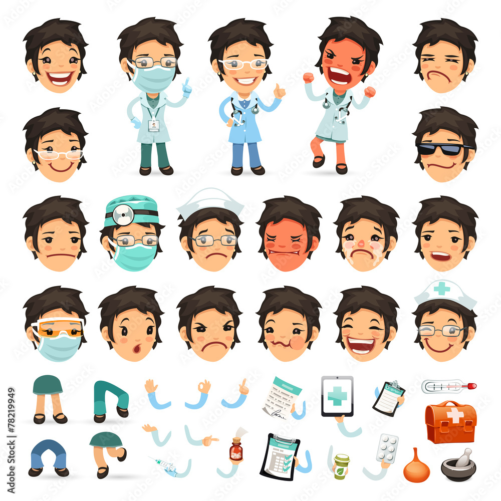 Set of Cartoon Woman Doctor Character for Your Design or Animati Set of Cartoon Woman Doctor Character for Your Design or Animati