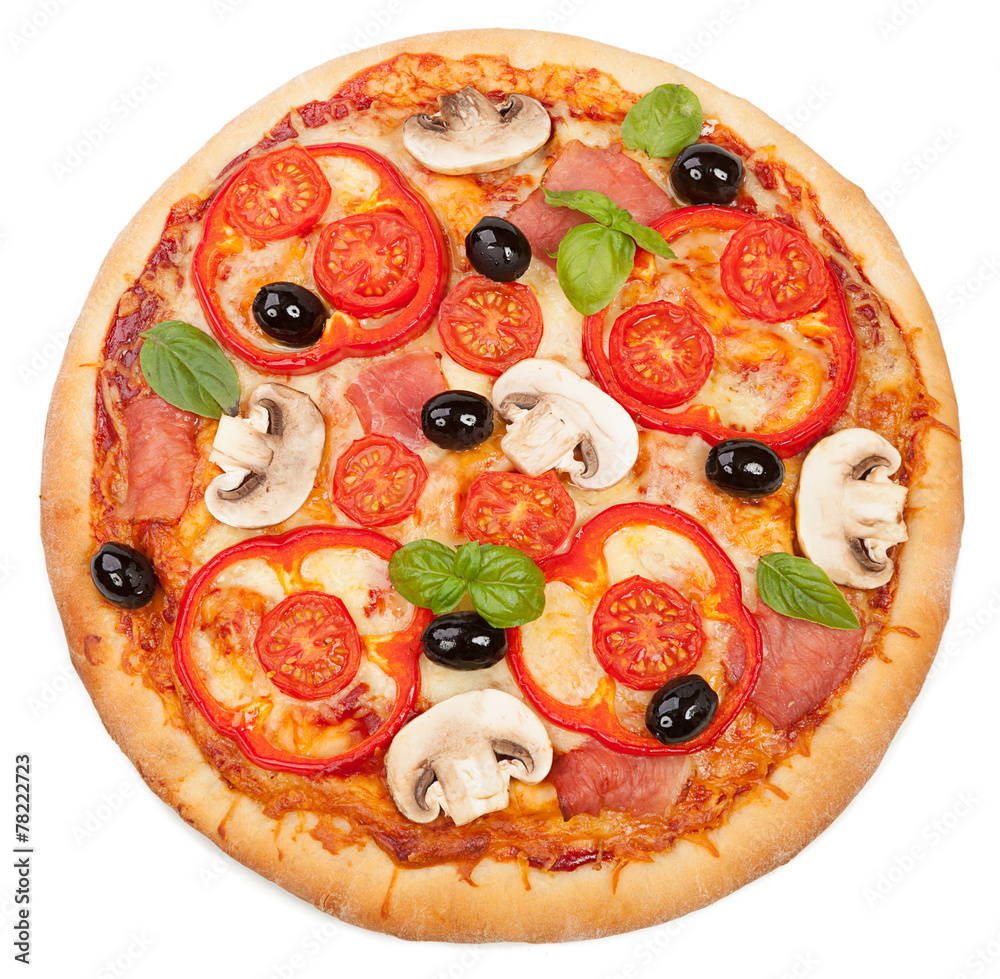 Tasty, flavorful pizza isolated on white background - obrazy, fototapety, plakaty 