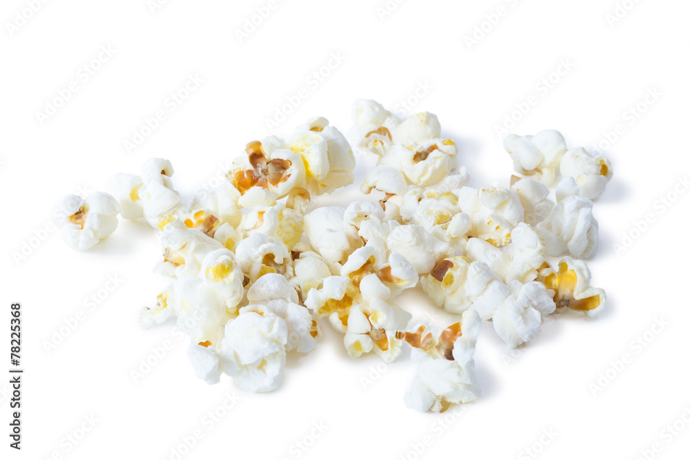 Closeup of pile of popcorns, isolated on white background Closeup of pile of popcorns, isolated on white background