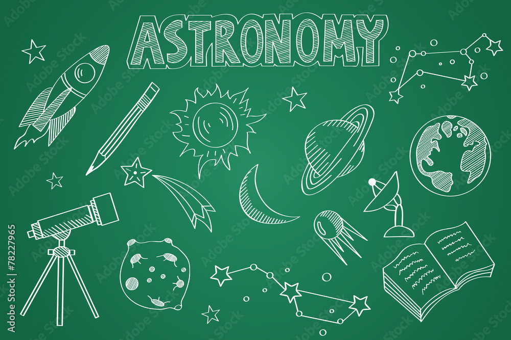 Naklejka premium Hand drawn Astronomy set. Chalk on the blackboard