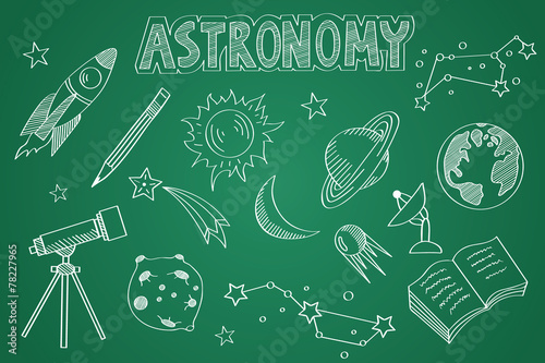 Hand drawn Astronomy set. Chalk on the blackboard