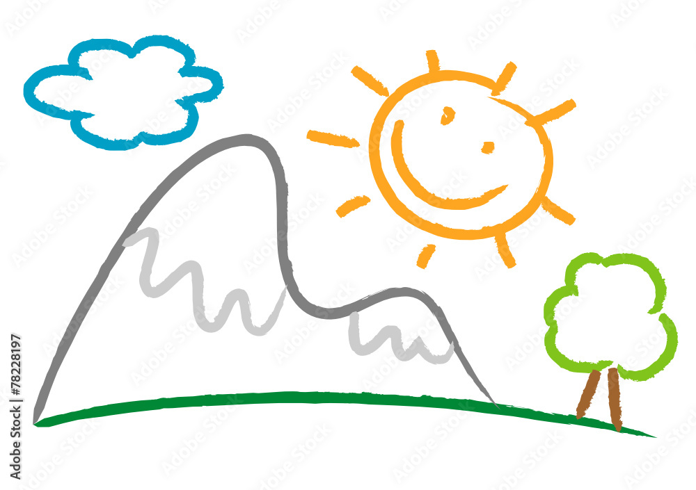 Obraz premium drawing children with mountains, sun and tree