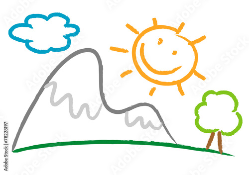 drawing children with mountains, sun and tree