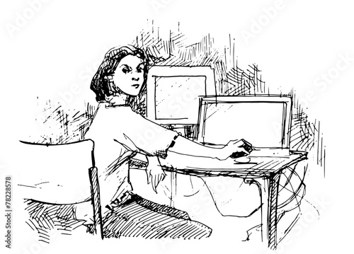 serious girl  working in computer