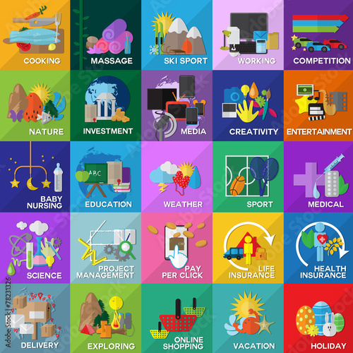 Flat Icons Set For: Web, Investment, Health, Sport, Vacation, Baby Nursing, Spa, Project Management, Creativity, Media - On Mosaic Background, Vector Illustration, Graphic Design