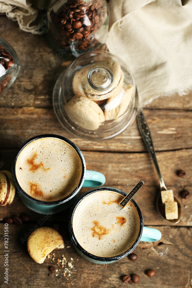 Beautiful composition with tasty cappuccino on wooden table Beautiful composition with tasty cappuccino on wooden table