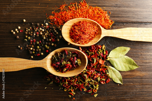 Different kinds of spices in spoons, close-up,