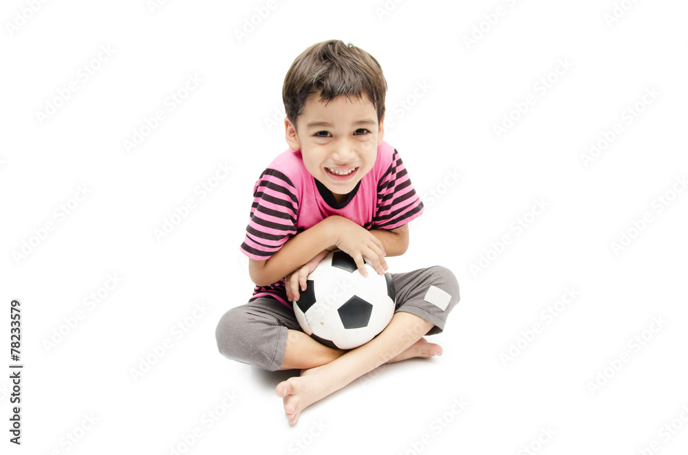 Little boy holding football on white background