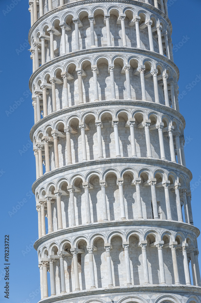 Close up view of Leaning Tower of Pisa in Tuscany, a Unesco Worl