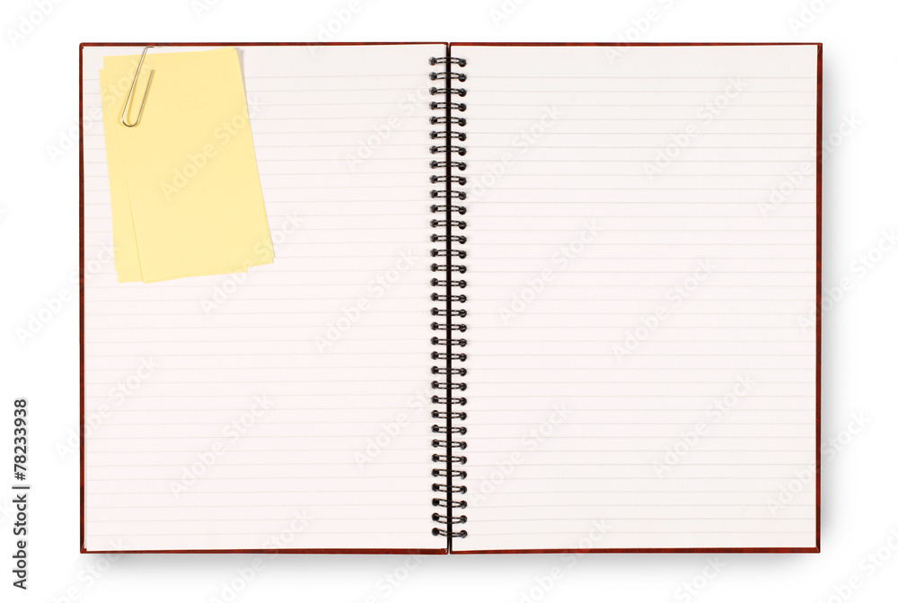 Writing book open showing pages with yellow sticky post it note attached photo Writing book open showing pages with yellow sticky post it note attached photo