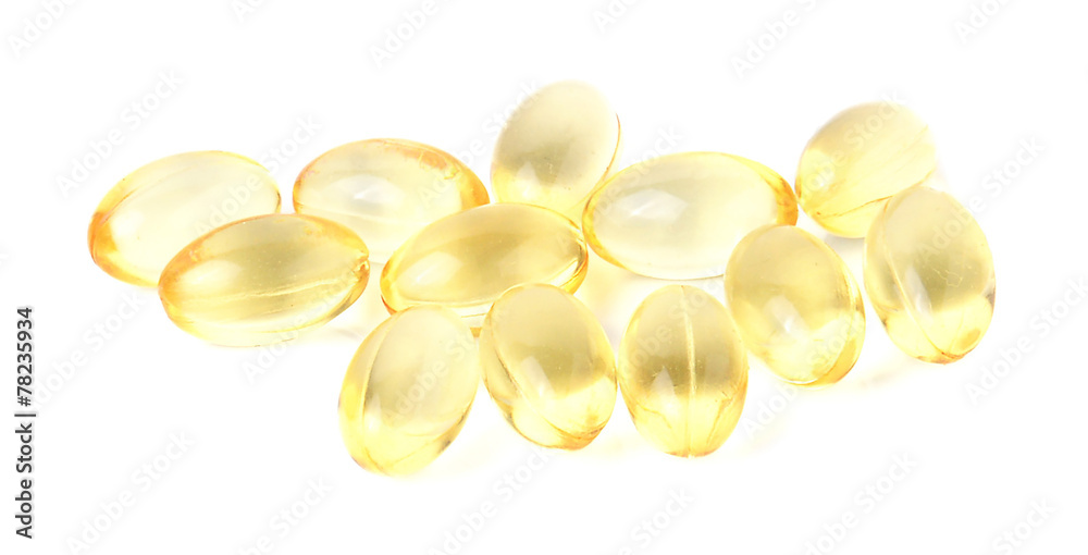 Lecithin gel vitamin supplement capsules isolated on white backg Lecithin gel vitamin supplement capsules isolated on white backg