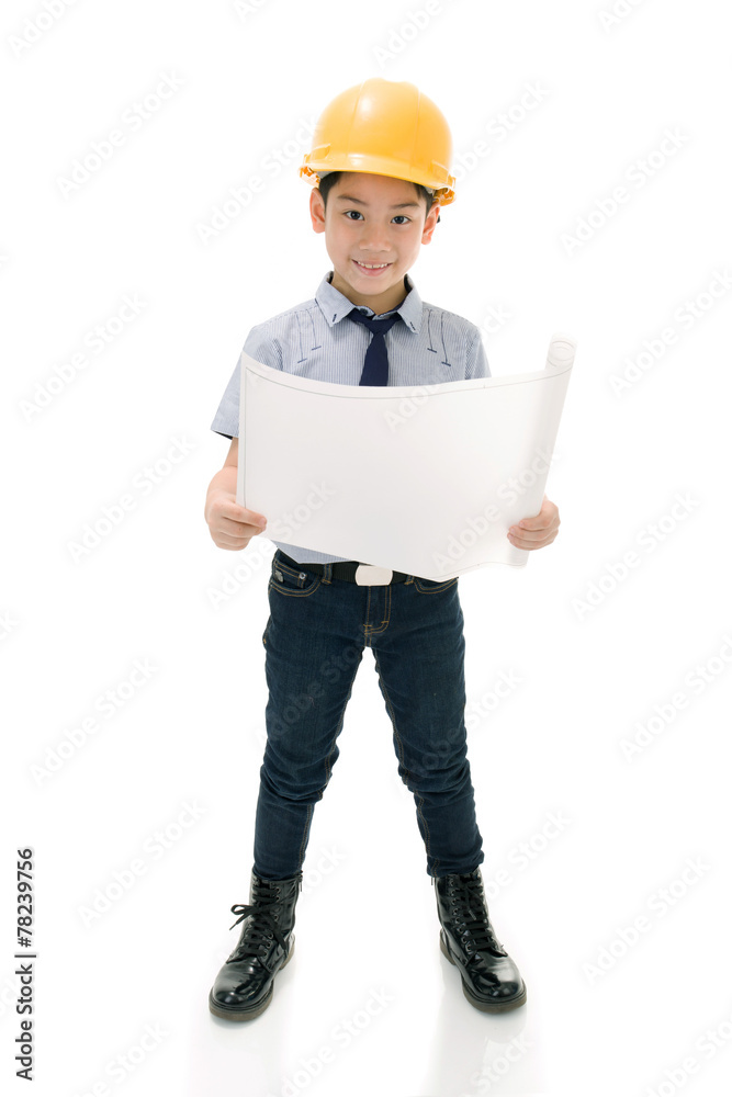 Young asian child construction engineer Holding equipment