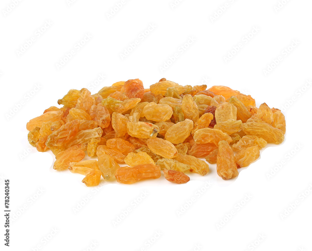 Yellow raisins isolated on white background
