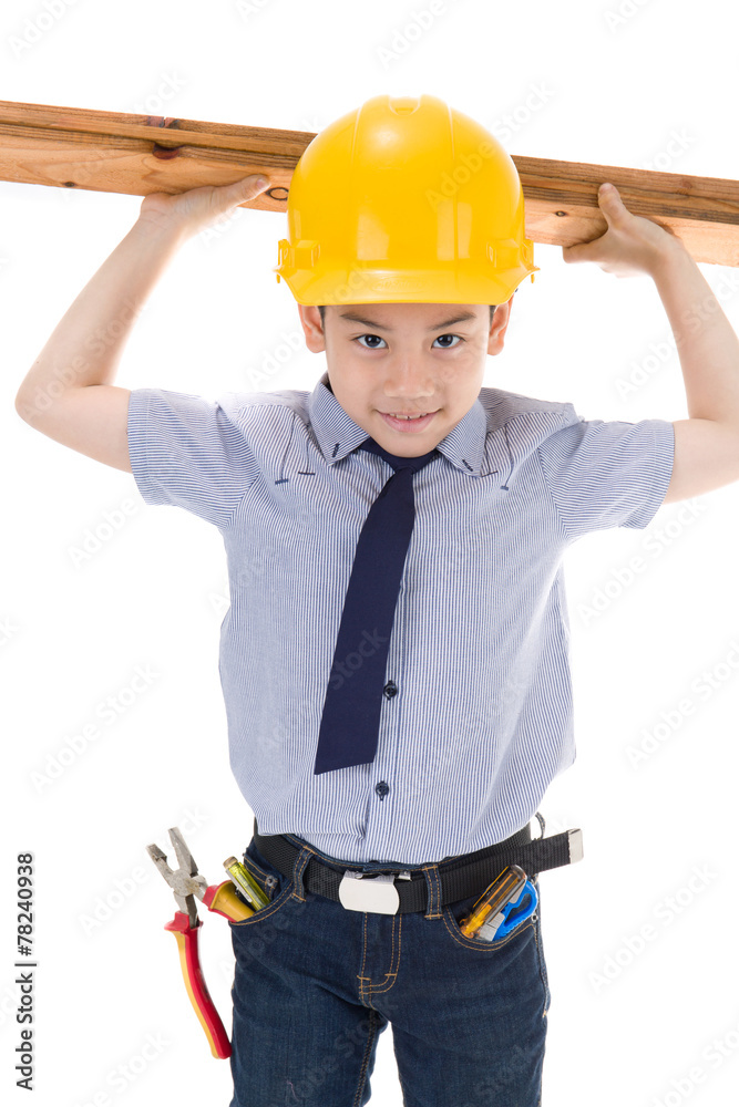 Young asian child construction engineer Holding equipment