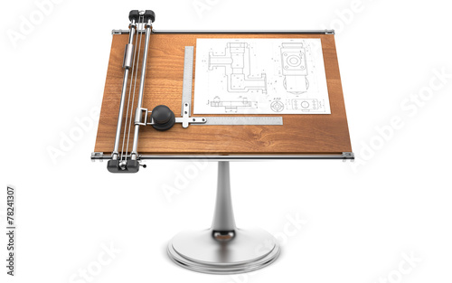 drawing table with project blueprint isolated on white with clip