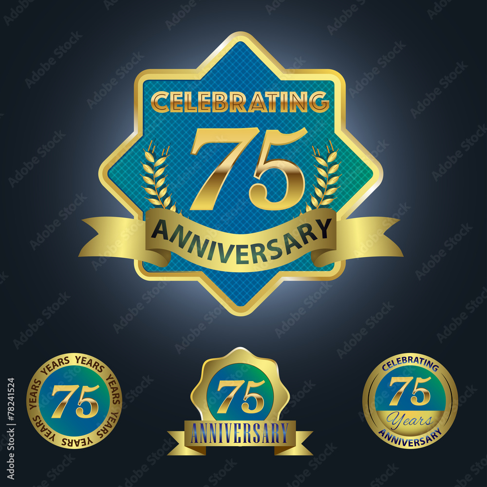 Naklejka premium Celebrating 75 Years Anniversary - Blue seal with golden ribbon