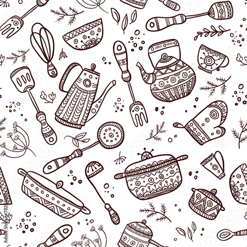 Seamless pattern of kitchen items