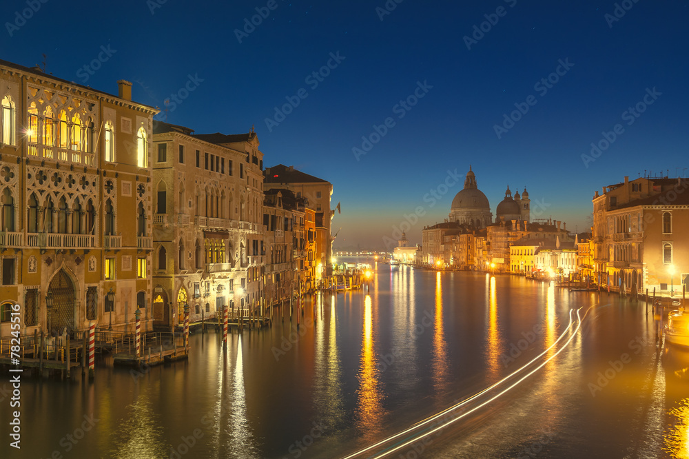 The beautiful night view of the famous Grand Canal in Venice, It